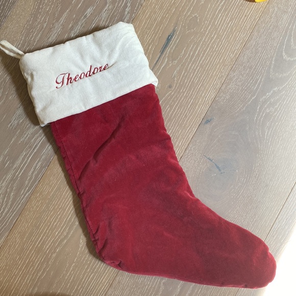 Pottery Barn Velvet Red & White Embroidered THEODORE medium Christmas Stocking - Picture 3 of 5